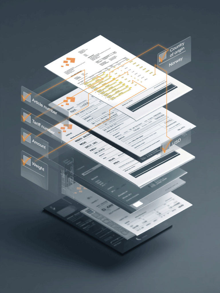 Layered shipment documents with connected data fields and validation markers in the Edentri platform.
