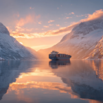 Container ship transporting goods through a Norwegian fjord