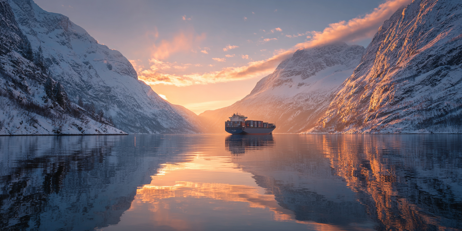 Container ship transporting goods through a Norwegian fjord